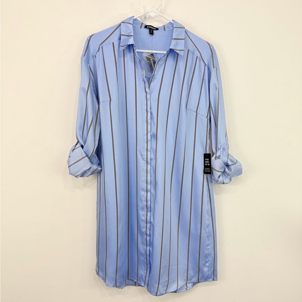 Express Light Blue Black Vertical Stripe Tab Sleeve Collared Shirt Dress NEW - Picture 4 of 15